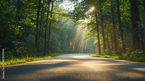 A beautiful forest road with the sun shining through the trees, casting light and shadow upon it