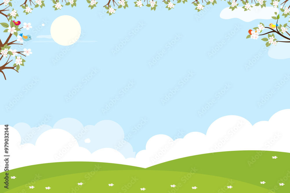 Spring landscape with cherry flower,tree on White cloud,blue sky background Vector illustration cartoon garden with green grass meadow on hills in park,Cute Easter banner of Nature with flower blossom Spring landscape with cherry flower,tree on White cloud,blue sky background Vector illustration cartoon garden with green grass meadow on hills in park,Cute Easter banner of Nature with flower blossom