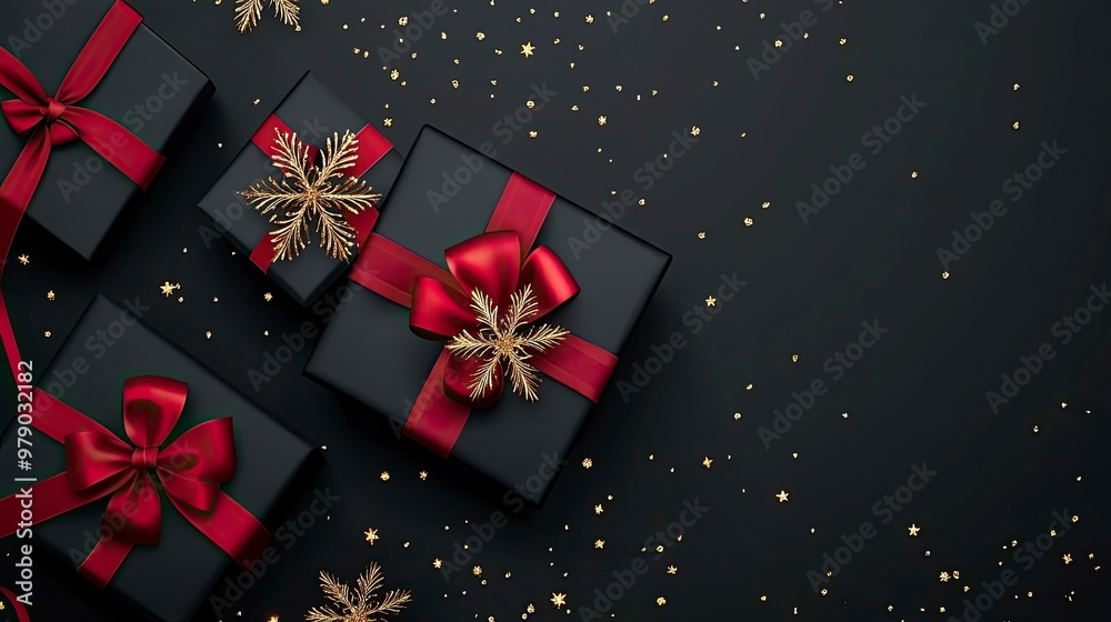 Black Friday Super Sale. Realistic black gifts boxes. 3d snowflake with glitter gold confetti, gift box with red bow. Dark background golden text lettering. Holiday banner, poster. generative ai Black Friday Super Sale. Realistic black gifts boxes. 3d snowflake with glitter gold confetti, gift box with red bow. Dark background golden text lettering. Holiday banner, poster. generative ai