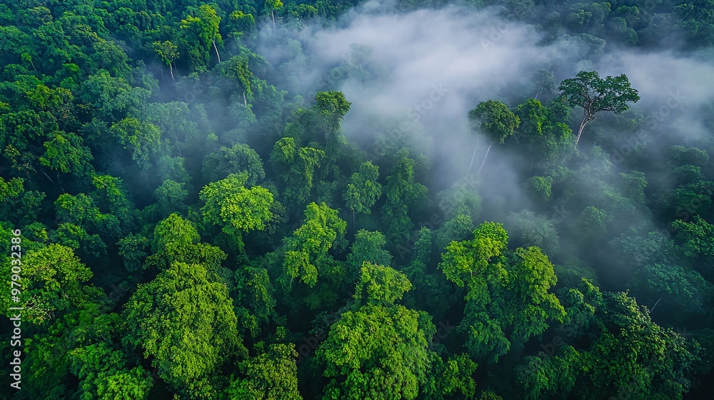 An aerial view of a lush rainforest with mist covering the treetops. An aerial view of a lush rainforest with mist covering the treetops.