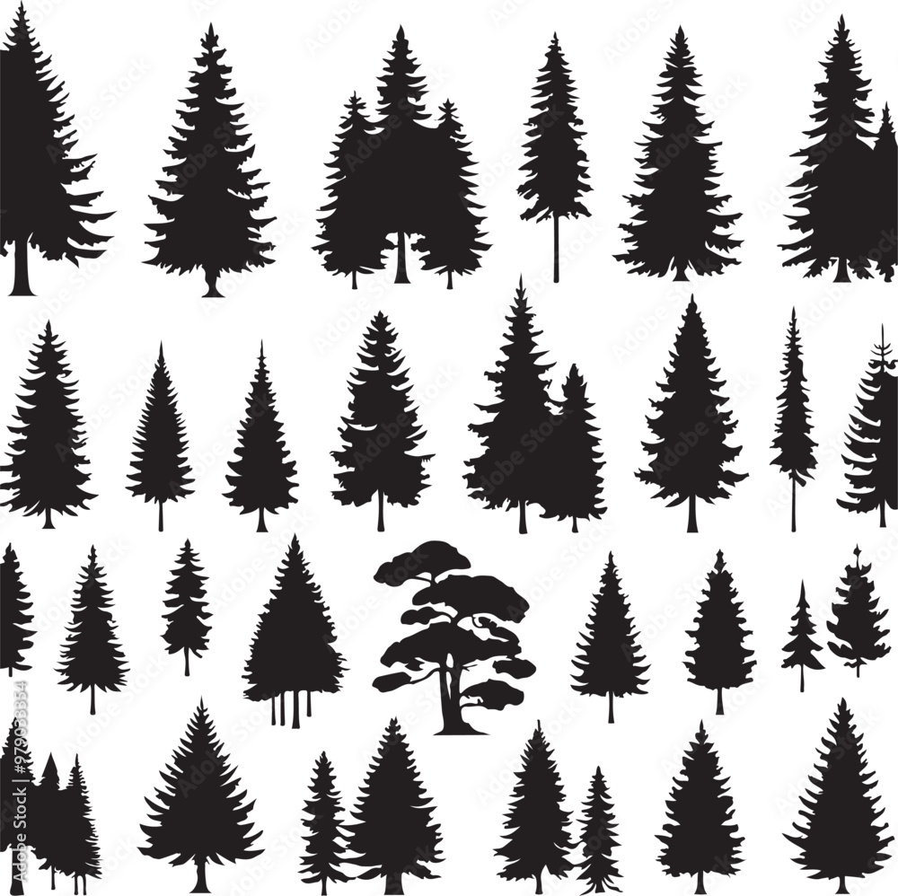 Obraz premium Pine Trres vector trees set. Tree icons are set in a modern flat style. Vector silhouette, graphic trees elements and landscape,generative ai,
