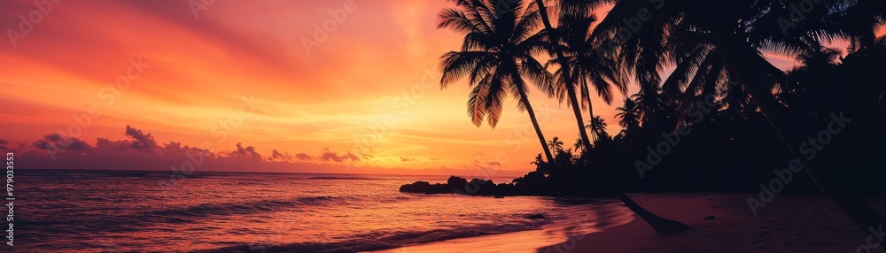 Serene Sunset at Tropical Coast: Palm Trees Silhouetted Against Vibrant Sky Serene Sunset at Tropical Coast: Palm Trees Silhouetted Against Vibrant Sky