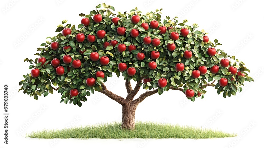 Red apple tree with ripe apples and flowers in a garden Red apple tree with ripe apples and flowers in a garden
