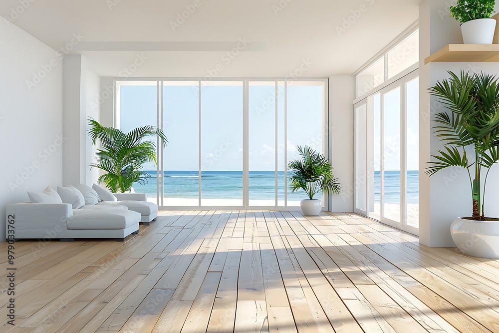 Fototapeta premium Sea view living room with wooden floor and empty white wall background in luxury beach house, Modern interior of vacation home - Office lounge 3D rendering