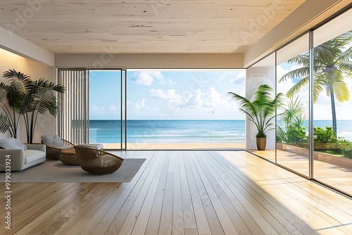 Sea view living room with wooden floor and empty white wall background in luxury beach house, Modern interior of vacation home