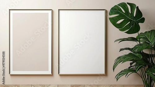 A simple, elegant poster mockup with a blank frame on the wall next to an empty picture frame, soft neutral tones of beige and light pink, a monstera plant in the corner for decor,