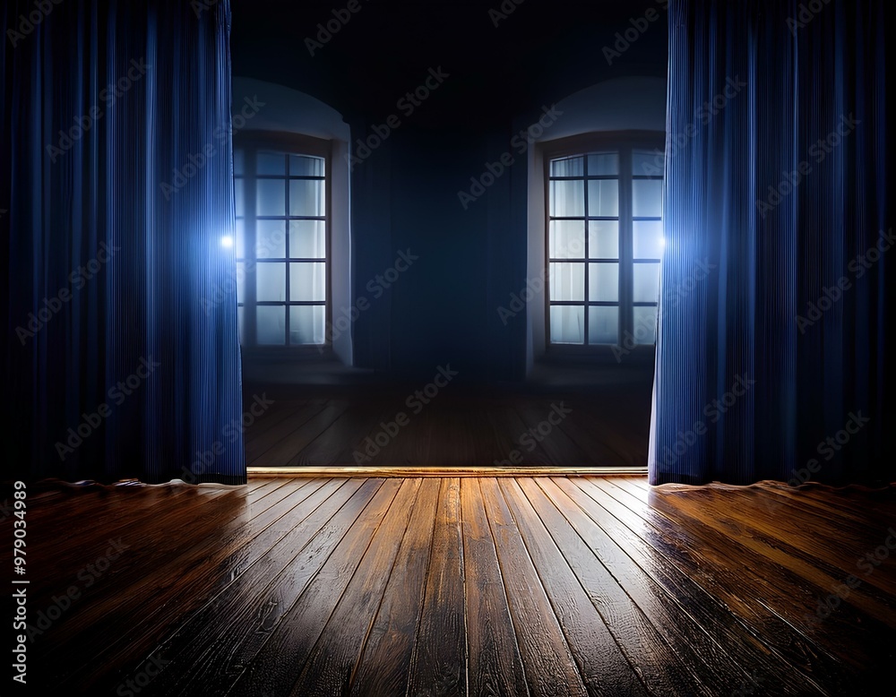 custom made wallpaper toronto digital Realistic dark image of a room with wooden floor and illuminated windows behind a curtain