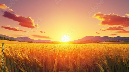 Golden wheat fields gently swaying under a radiant sunset sky simple 2D animation of crops bending with the breeze