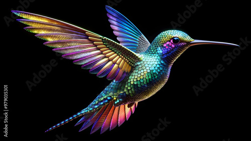 Robotic hummingbird in flight with iridescent wings, captured from above in pixel art style, robotic, hummingbird