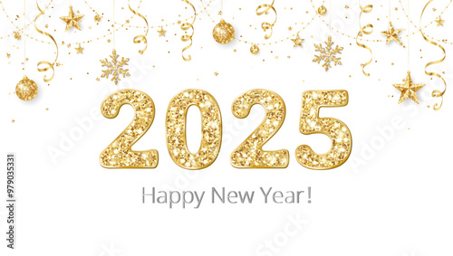 Happy New Year banner. 2025 gold glitter numbers. Confetti, snowflakes and stars decoration.