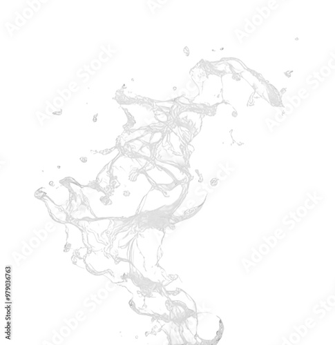 Transparent water splash capturing dynamic movement in a fluid motion over a blank background