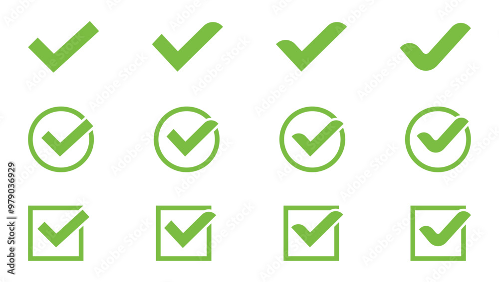 Green check mark icon set. Circle and square. Tick symbol. Accept okay symbol for improvement or checklist design. Green check mark icon set. Circle and square. Tick symbol. Accept okay symbol for improvement or checklist design.