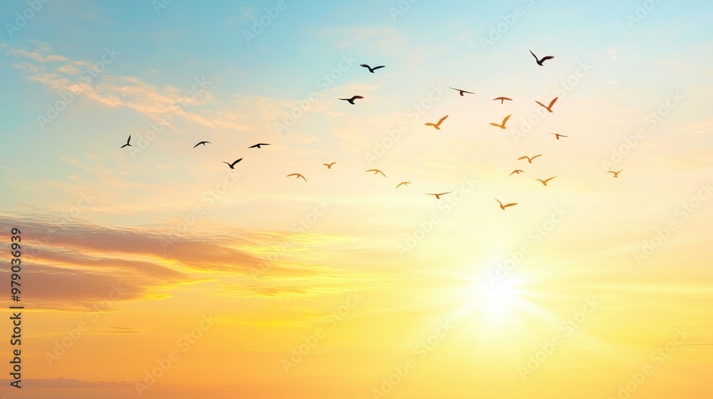 Obraz premium Sunset Sky with Birds Flying in Formation