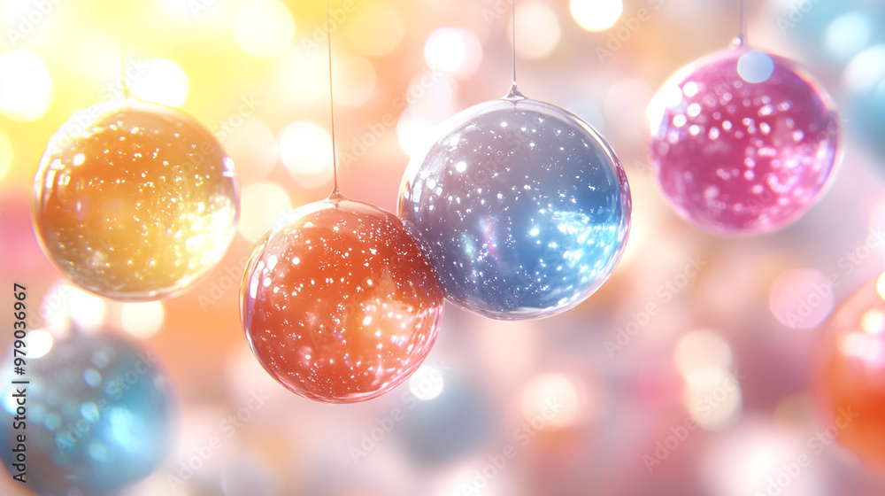 Fototapeta premium Colorful ornaments sparkle in a shimmering background, perfect for festive and seasonal themes, evoking joy and celebration.