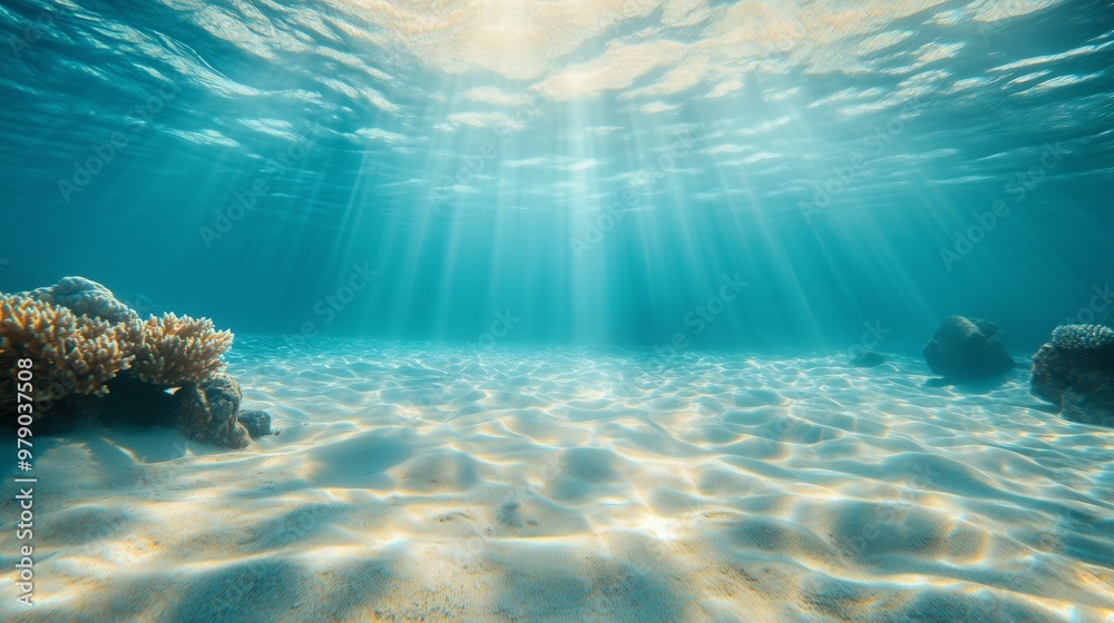 Fototapeta premium Sunlight beams penetrate the clear blue water, illuminating the sandy ocean floor and coral formations.