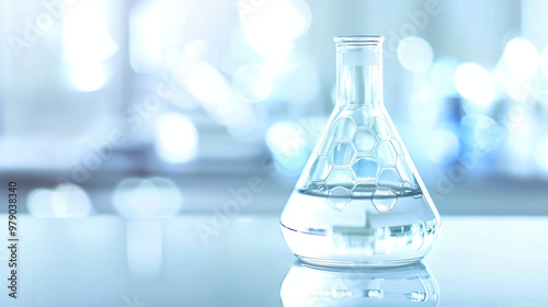 Close-up view of a glass beaker with clear liquid, featuring a small floating indicator revealing high lead levels. Set against a blurred laboratory background with a white countertop, offering ample 