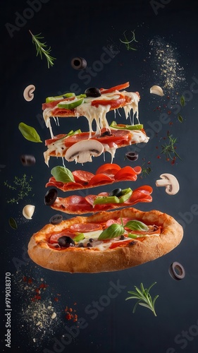 Close-Up of Stacked Deconstructed Pizzas in Dark Setting