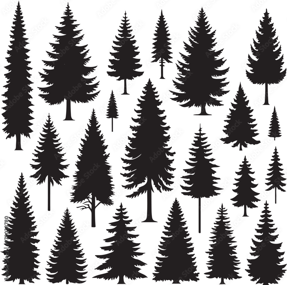 Obraz premium Pine Trres vector trees set. Tree icons are set in a modern flat style. Vector silhouette, graphic trees elements and landscape,generative ai,
