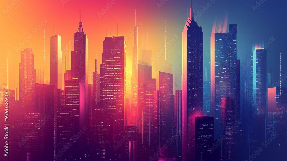 Vibrant city skyline at dusk with glowing lights and contrasting colors in a modern urban setting Vibrant city skyline at dusk with glowing lights and contrasting colors in a modern urban setting