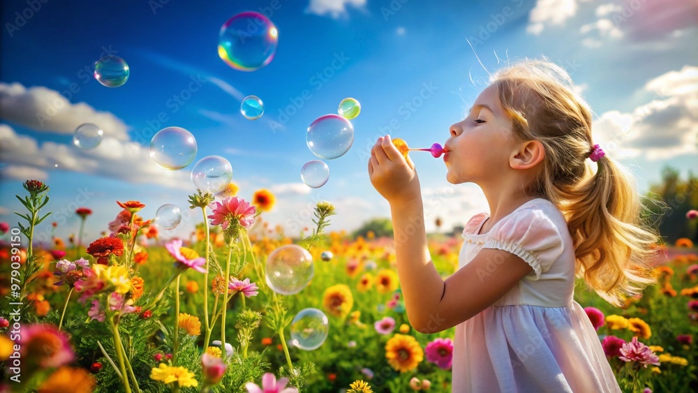 A photorealistic image of a young girl blowing bubbles in a park, with colorful flowers and a big blue sky in the background. Shot from a close-up angle to capture the sense of playfulness and innocen A photorealistic image of a young girl blowing bubbles in a park, with colorful flowers and a big blue sky in the background. Shot from a close-up angle to capture the sense of playfulness and innocen