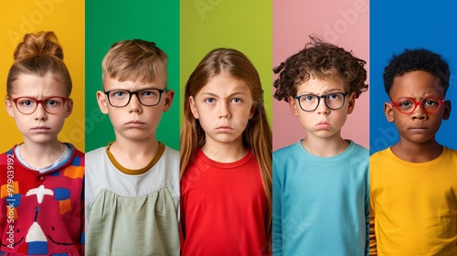 Children lined up showing various emotions colored background photo