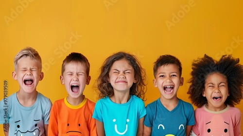 Children lined up showing various emotions colored background