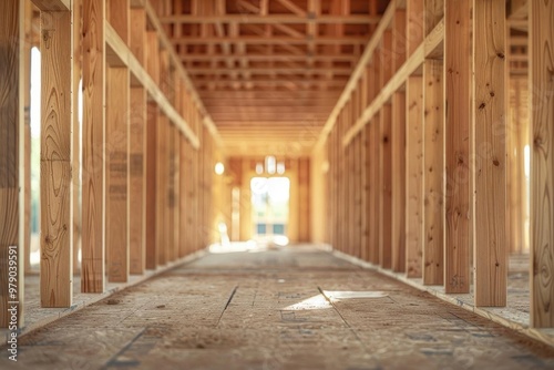 Interior view of a wooden construction site, showcasing beams, studs, and an unfinished floor in a spacious layout.