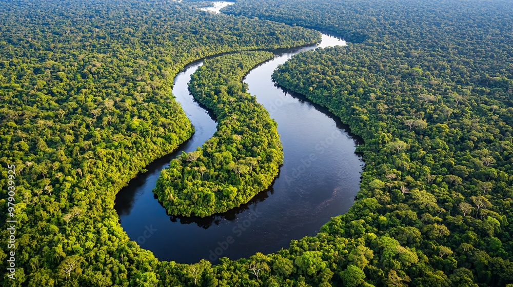 An aerial view of a winding river snaking through a dense, lush rainforest. An aerial view of a winding river snaking through a dense, lush rainforest.