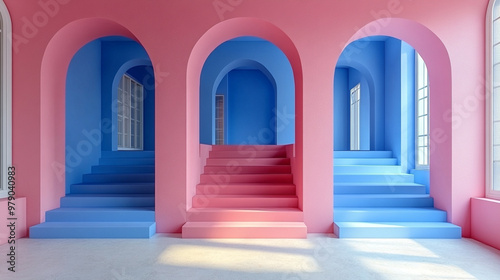 A vibrant interior featuring arches and colorful staircases in pink and blue hues  perfect for modern design and artistic spaces.