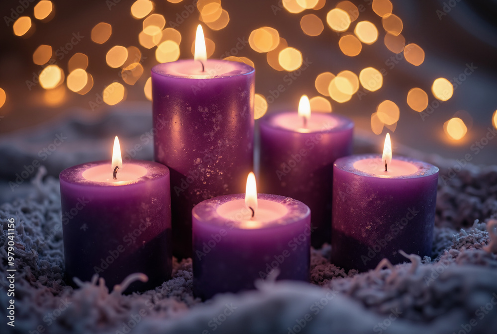 Elegant Purple Advent Candles: Festive Glow for Holiday Marketing, Greeting Cards, and Seasonal Decor Inspiration Elegant Purple Advent Candles: Festive Glow for Holiday Marketing, Greeting Cards, and Seasonal Decor Inspiration