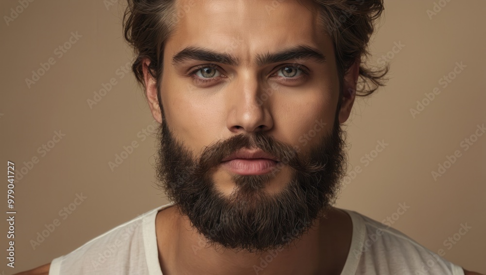 Obraz premium Portrait of man with serious expression, beard, and short brown hair