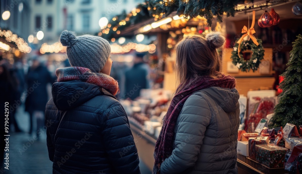 Two women are standing in front of a Christmas market, looking at the various items for sale. The market is bustling with people, and the atmosphere is lively and festive Two women are standing in front of a Christmas market, looking at the various items for sale. The market is bustling with people, and the atmosphere is lively and festive