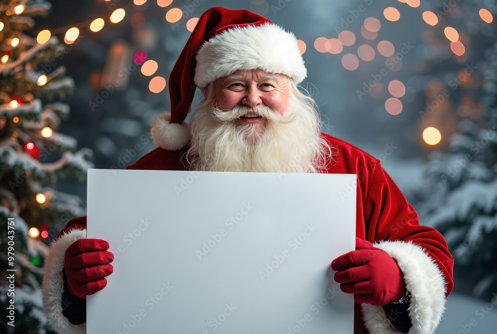 Santa Claus Holding Blank Banner in Winter Wonderland: Perfect for Holiday Marketing and Festive Promotions Santa Claus Holding Blank Banner in Winter Wonderland: Perfect for Holiday Marketing and Festive Promotions