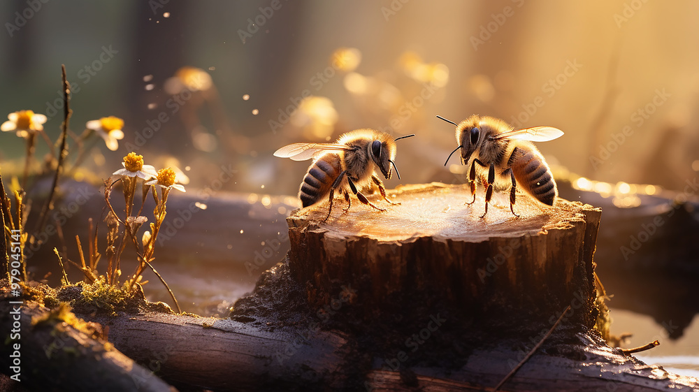 Fototapeta premium forest bees on a stump, wildlife bee hive, insects making honey, beautiful nature background