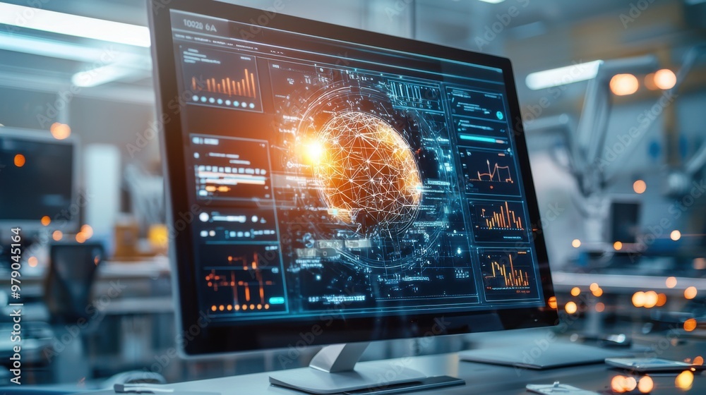 Futuristic AI Quality Assurance System Displaying Dynamic Product Inspection Results in Office Setting Futuristic AI Quality Assurance System Displaying Dynamic Product Inspection Results in Office Setting