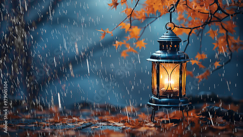 autumn background rain and copy space vintage lantern among autumn trees, fictional computer graphics