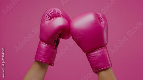 Closeup of hands putting on vivid pink boxing gloves, capturing the intensity and focus before a fight. Sports preparation concept