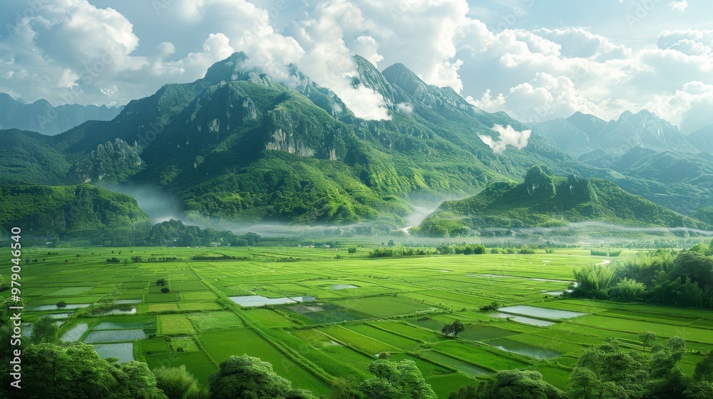 Tranquil Mountain Valley with Lush Rice Paddies Tranquil Mountain Valley with Lush Rice Paddies