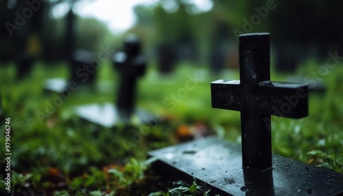 Closeup of a desolate cemetery, intricate gravestones, [closeup , desolate , cemetery], [somber detail],