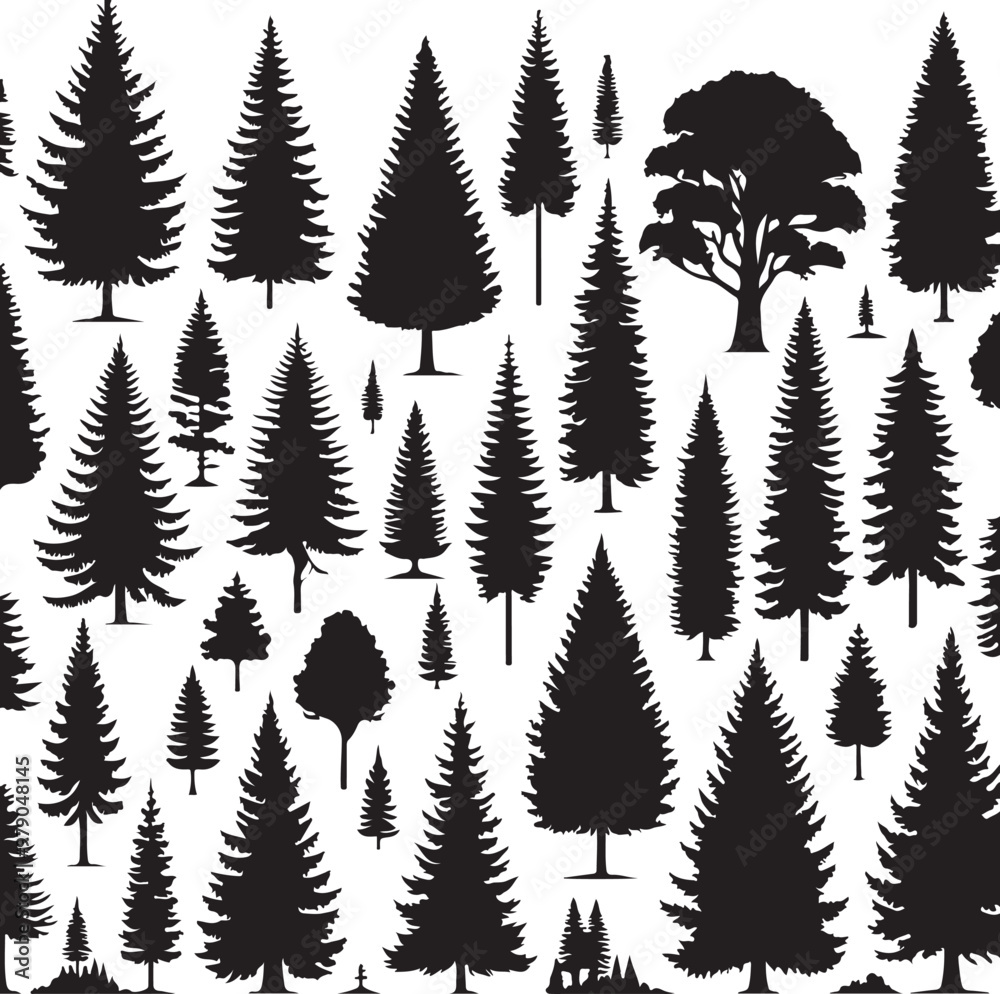 Obraz premium Pine Trres vector trees set. Tree icons are set in a modern flat style. Vector silhouette, graphic trees elements and landscape,generative ai,