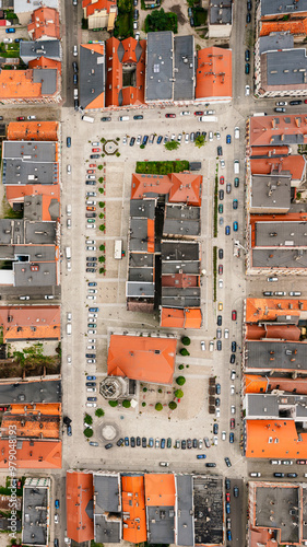 Aerial view of the historic main square with town hall and colorful tenements, Paczkow, Poland. photo