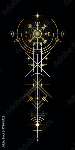 Gold Vegvisir navigation compass ancient. Old Magic sign viking art deco. The Vikings used many symbols in accordance to Norse mythology, widely used in Viking society. Esoteric Wiccan Logo icon