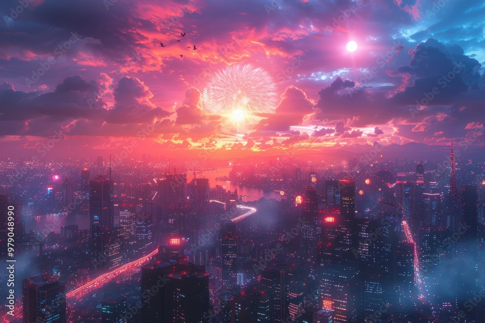 Stunning sunset over a vibrant city skyline illuminated by fireworks ...