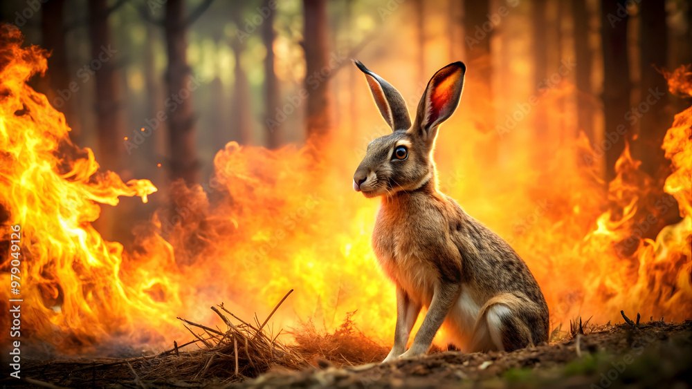 Fototapeta premium Wild hare surrounded by flames in a burning forest, wildlife, animal, hare, fire, burning, forest, smoke, danger, disaster