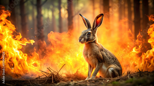 Wild hare surrounded by flames in a burning forest, wildlife, animal, hare, fire, burning, forest, smoke, danger, disaster