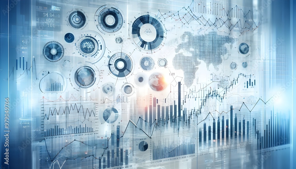 Obraz premium Complex financial charts and graphs overlayed indicating market trends, set against a white-to-blue gradient background, symbolizing data analysis