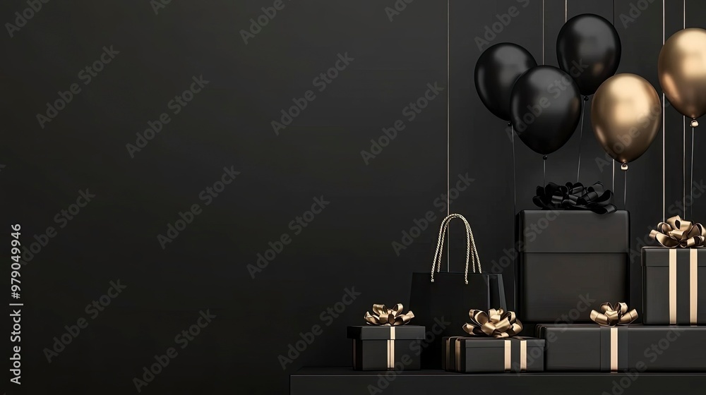 Black Friday poster or banner featuring a black gift box, shopping bag, discount balloon and product display podium. Designed as a sales banner template for social media and websites. generative ai Black Friday poster or banner featuring a black gift box, shopping bag, discount balloon and product display podium. Designed as a sales banner template for social media and websites. generative ai