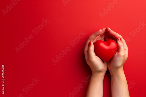 The woman is holding a red heart.