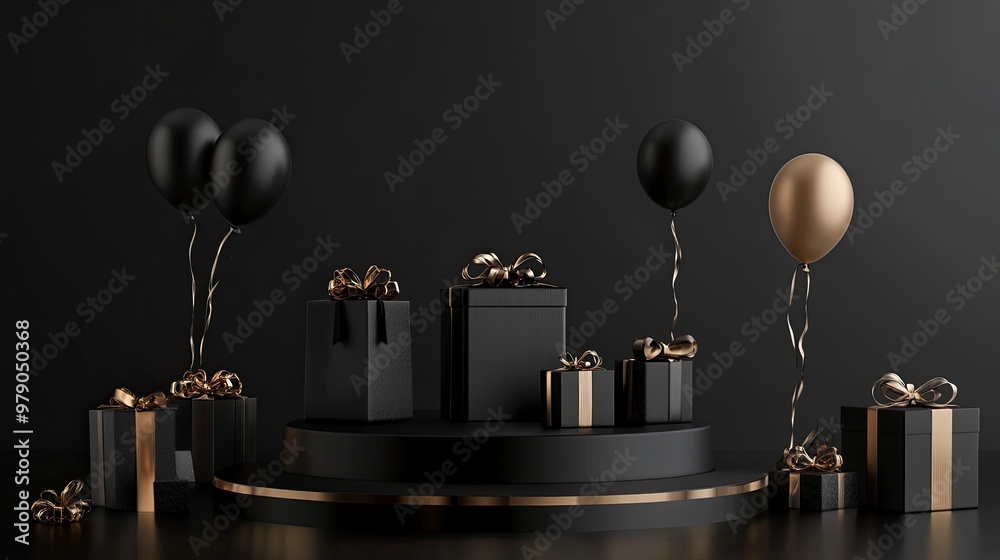 Black Friday poster or banner featuring a black gift box, shopping bag, discount balloon and product display podium. Designed as a sales banner template for social media and websites. generative ai Black Friday poster or banner featuring a black gift box, shopping bag, discount balloon and product display podium. Designed as a sales banner template for social media and websites. generative ai