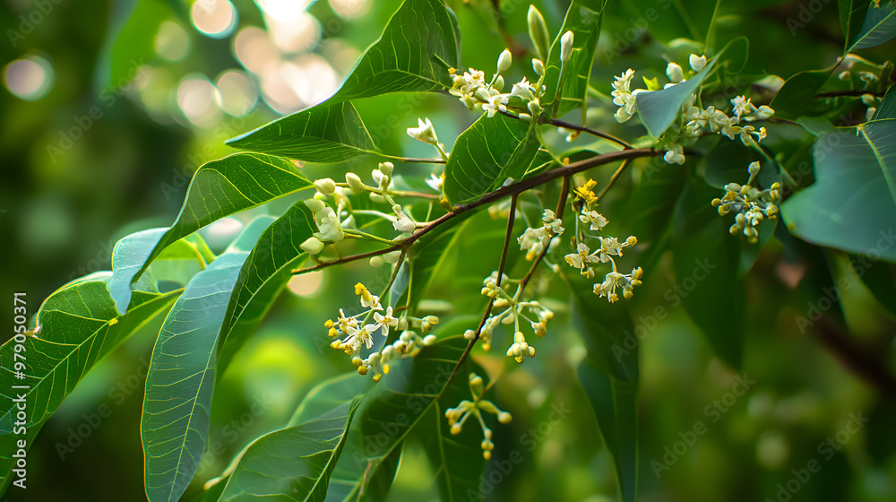 Fototapeta premium Medicinal ayurvedic azadirachta indica or Neem leaves and flowers. Very powerful medicinal tree